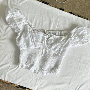 Hollister white smocked milkmaid bustier crop top with tie front and puff sleeve